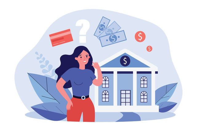 une fille devant un bâtiment avec des icônes flottantes de carte bancaire, d'argent liquide, etc.