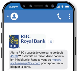 Capture d'écran d'un faux message texte de RBC Banque Royale sur un téléphone intelligent affirmant que la carte de débit du destinataire a un accès limité et le redirigeant vers un lien suspect.