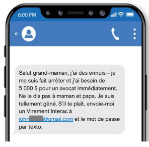 Capture d'écran d'un message texte d'arnaque aux grands-parents sur un téléphone intelligent où l'expéditeur prétend faussement être un petit-enfant arrêté et demande d'urgence 5 000 $ par virement électronique.