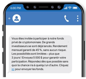 Capture d'écran d'un message texte d'arnaque à l'investissement sur un téléphone intelligent faisant la promotion d'un faux fonds crypto avec des rendements mensuels garantis de 45 %, demandant d'envoyer 5 000 $ immédiatement.