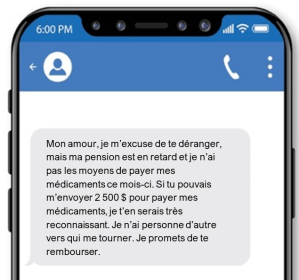 Capture d'écran d'un message texte d'arnaque sentimentale sur un téléphone intelligent où l'expéditeur prétend avoir une pension retardée et demande 2 500 $ pour couvrir des frais de médicaments.