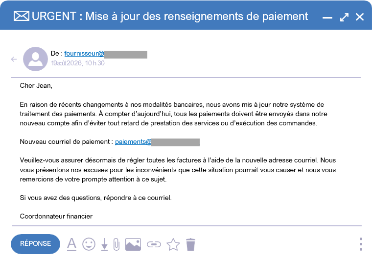 Cet courriel frauduleux provient d’un escroc se faisant passer pour un fournisseur, demandant à la victime d’envoyer de l’argent à une nouvelle adresse e-mail en raison d’un changement dans les détails de paiement.
