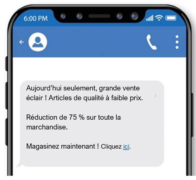 Ce texte frauduleux invite la victime à acheter des produits à bas prix lors d’une vente flash. La victime est invité à cliquer sur le lien fourni pour parcourir la boutique en ligne.