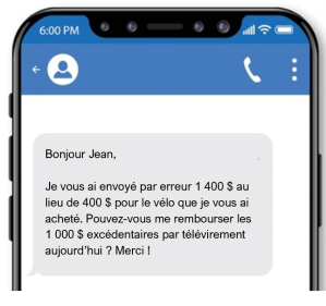 Ce texte frauduleux provient d’un acheteur affirmant qu’il a envoyé plus que le montant convenu, demandant au vendeur de rembourser la différence via e-Transfer.