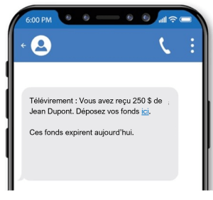 Ce texte frauduleux informe la victime qu’elle a reçu des fonds et qu’elle doit les déposer immédiatement via le lien fourni.