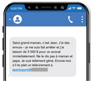 Ce texte frauduleux provient d’un escroc se faisant passer pour le petit-enfant de la victime, demandant un transfert électronique pour couvrir une crise urgente.