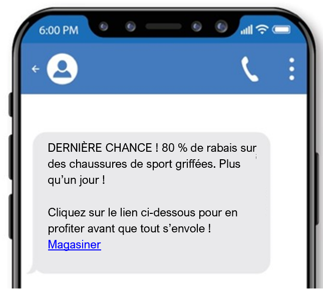 Ce texte frauduleux favorise un rabais important chez un détaillant en ligne, exhortant la victime à cliquer sur un lien pour visiter le site et faire un achat.