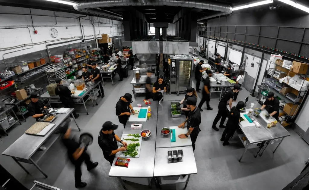 Personnel préparant de la nourriture dans la cuisine industrielle de The Food Dudes