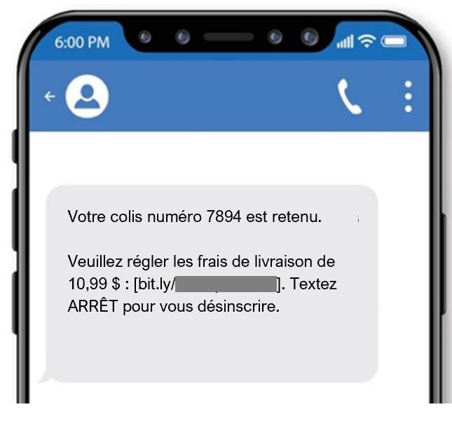 Ce texte frauduleux prétend qu’il y a un problème avec une livraison, demandant à la victime de payer des frais supplémentaires.