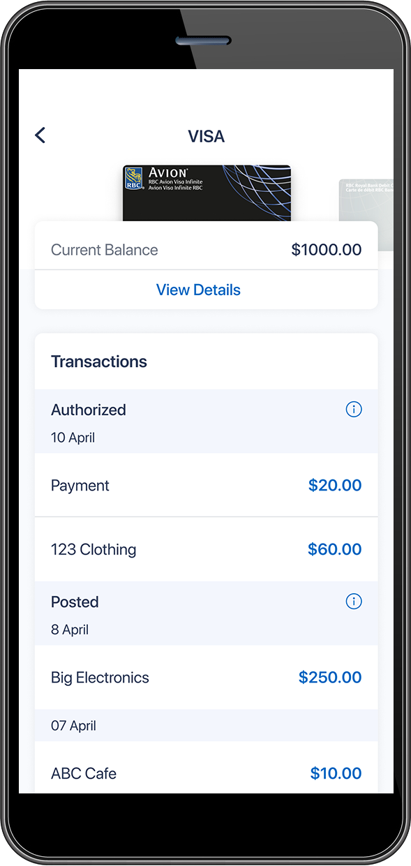 Screenshot of phone showing account summary, transactions, and current balance