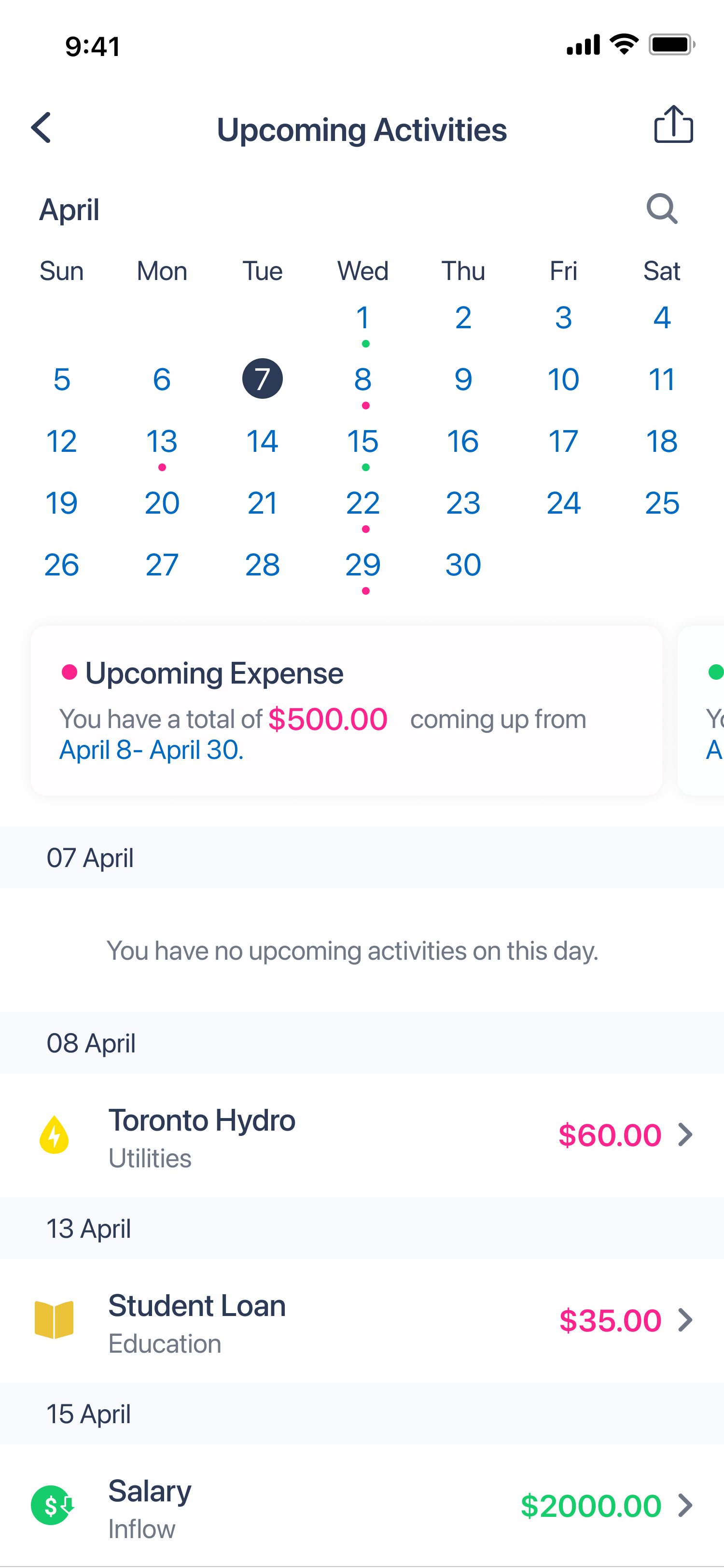 Screenshot of phone showing upcoming activities