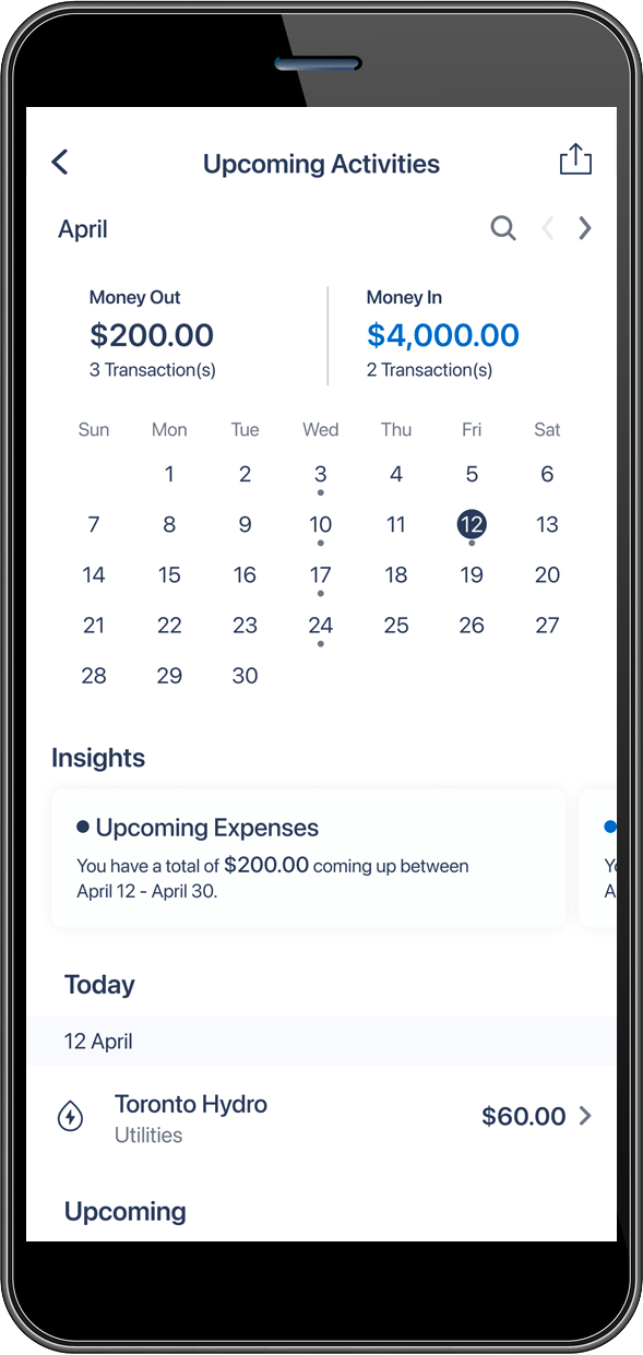 Screenshot of phone showing upcoming activities